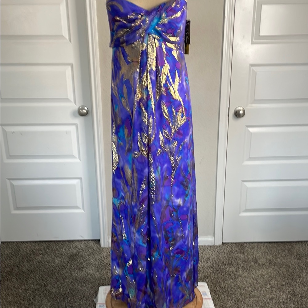 Nicole Miller Strapless Purple and Gold Maxi Dress